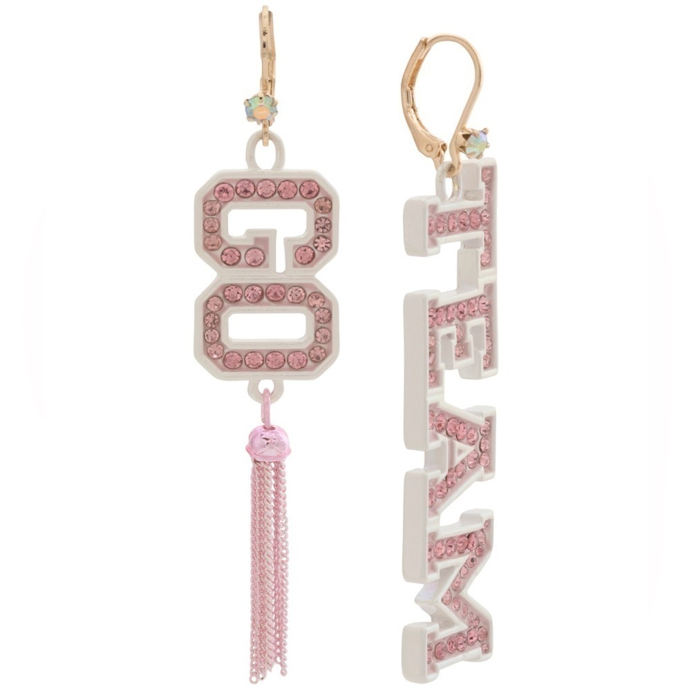 Betsey Johnson Go Team Statement Earrings NWT Gold Tone Pink Crystals